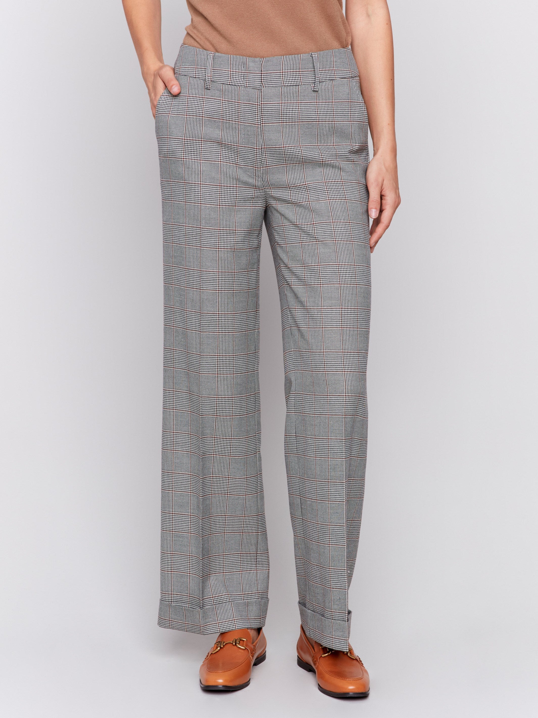 Glen Plaid Flare Pants with rolled-up cuffs and a classic pattern design for a sophisticated look by Charlie B.