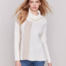 Ecru sweater with a houndstooth stripe, featuring a cowl neck and side slit by Charlie B.