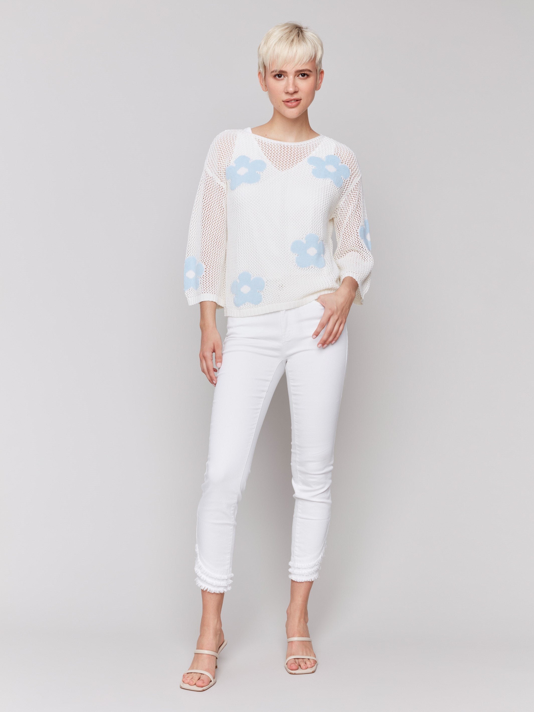 Chic white sweater with 3/4 drop shoulder sleeves by Charlie B.