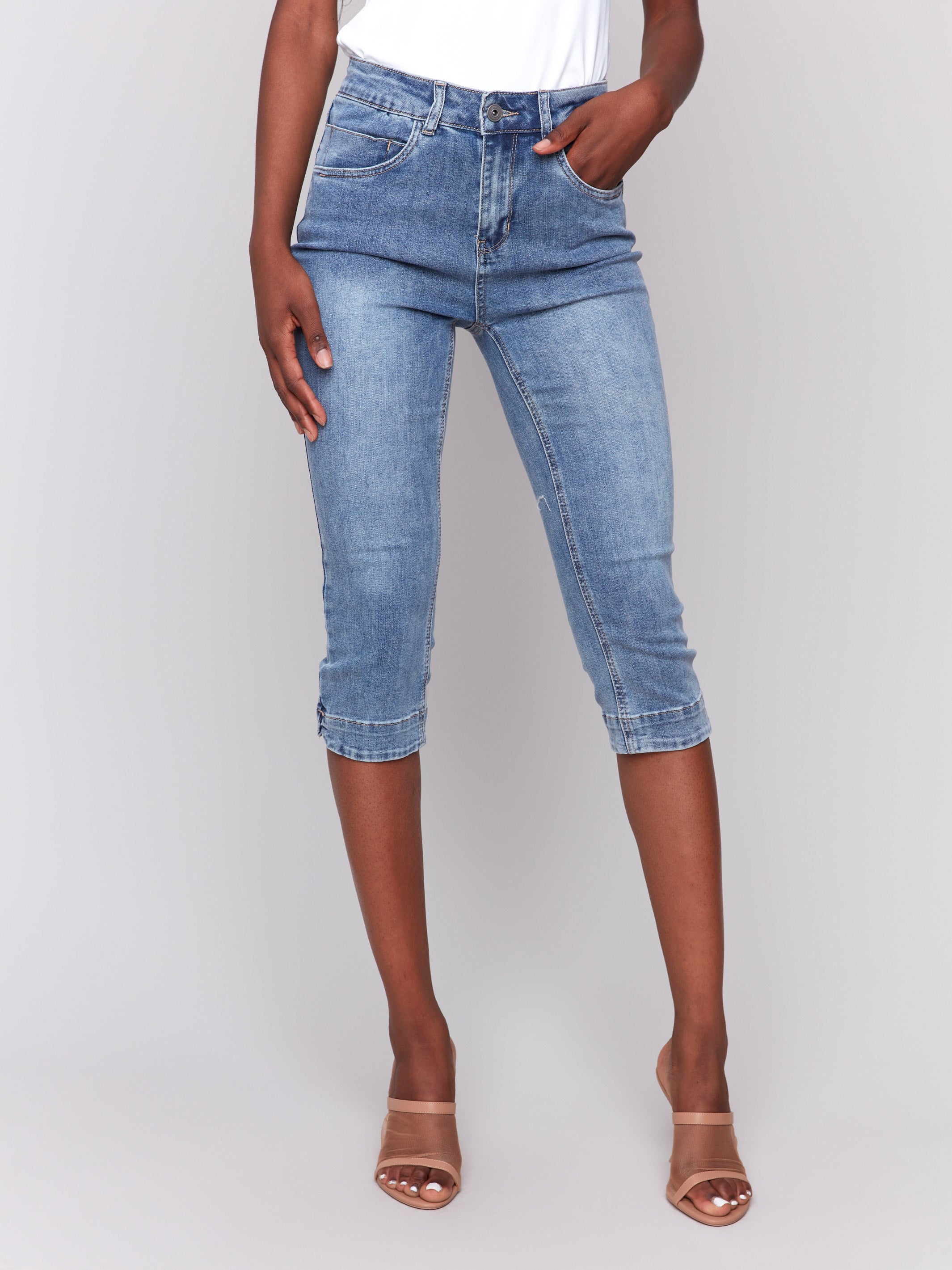 Comfortable stretch denim in medium blue for ultimate flexibility by Charlie B.