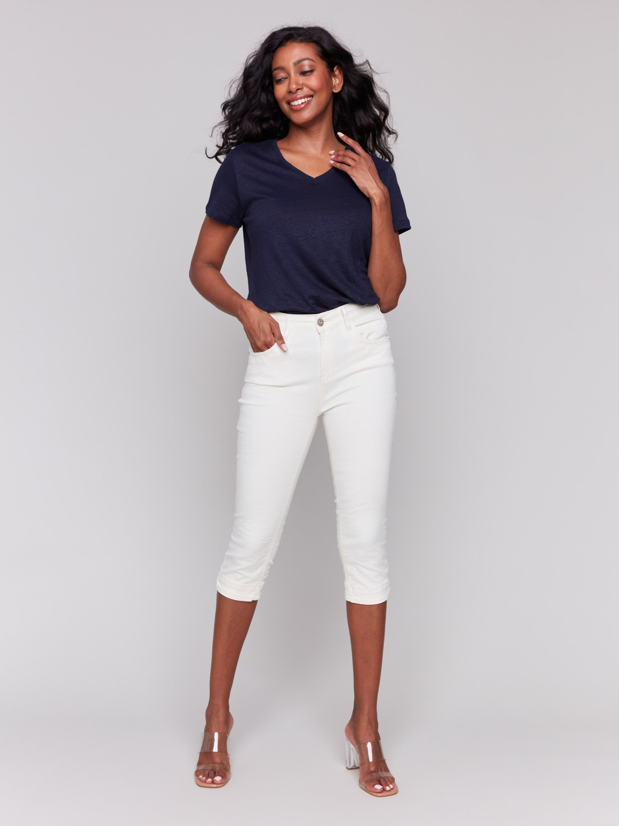 Natural capri pants with a slim leg fit and stretch twill fabric by Charlie B.