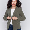 Olive green corduroy blazer with a single-button closure and flap pockets by Charlie B.