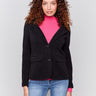 Black corduroy blazer with a hood, featuring two button closure, tailored fit, and two front flap pockets by Charlie B.