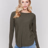 Spruce knit sweater with a crew neckline, long ribbed sleeves, and back lace-up eyelet details by Charlie B.