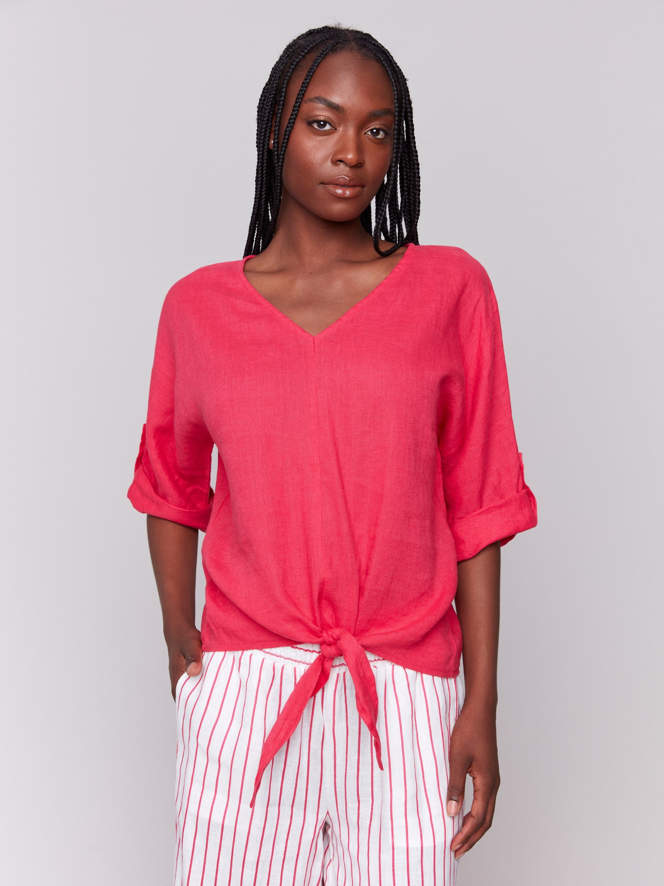 Linen blend top featuring a stylish V-neckline by Charlie B.