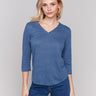 Linen blend top with V-neck and stylish neckline detail, by Charlie B.