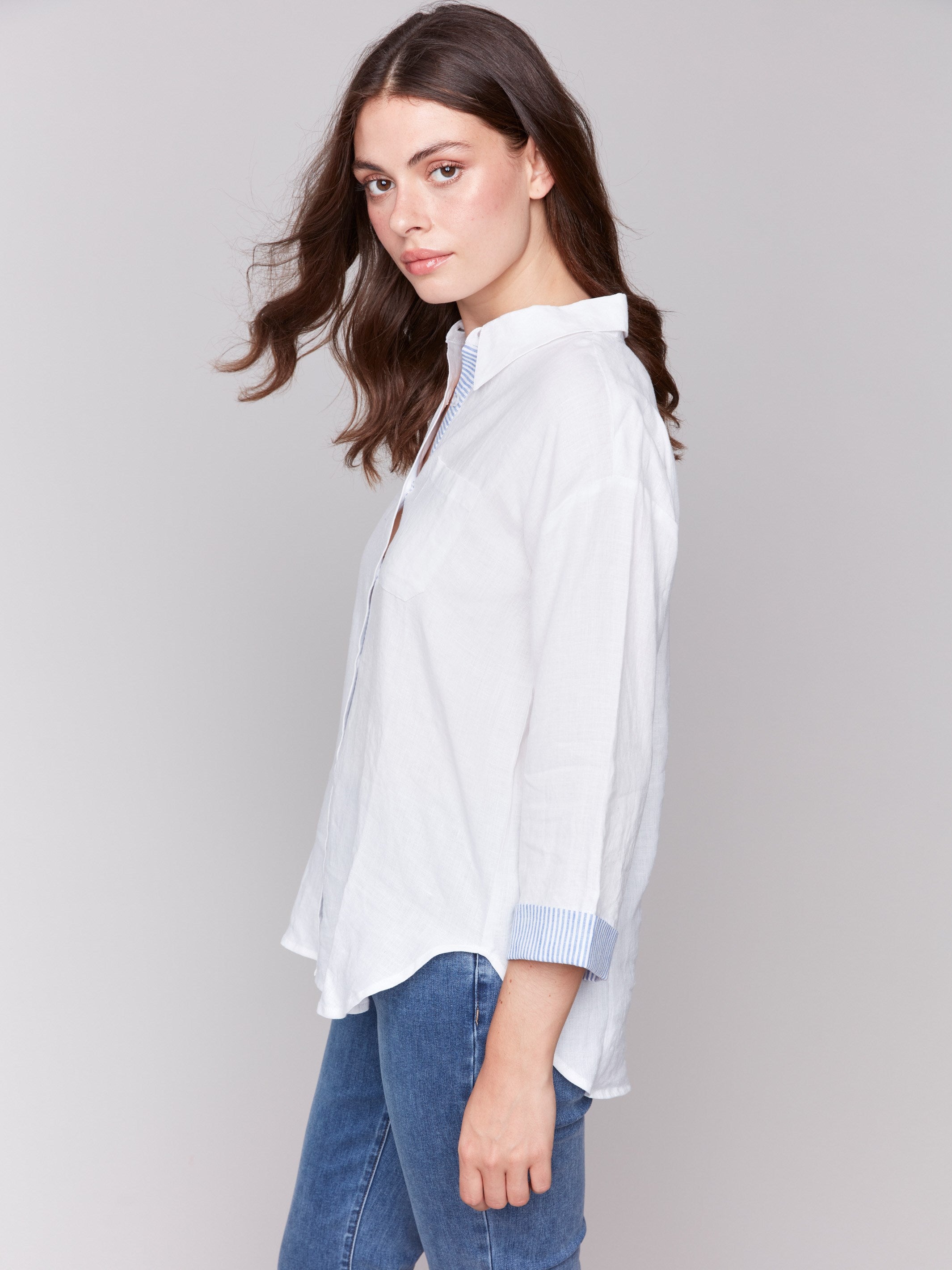 Comfortable 3/4 roll-up sleeves on this versatile linen shirt by Charlie B.