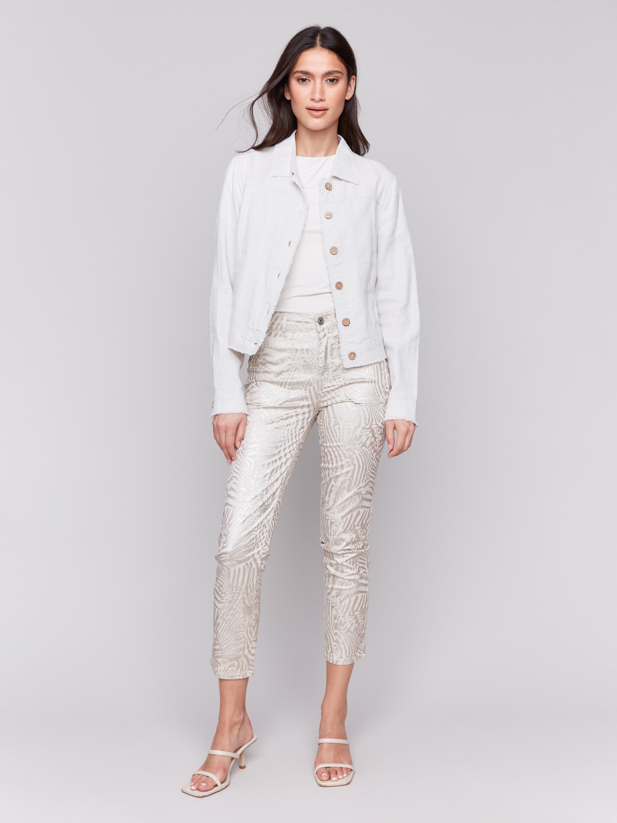 Short length linen jacket showcasing elegance by Charlie B.