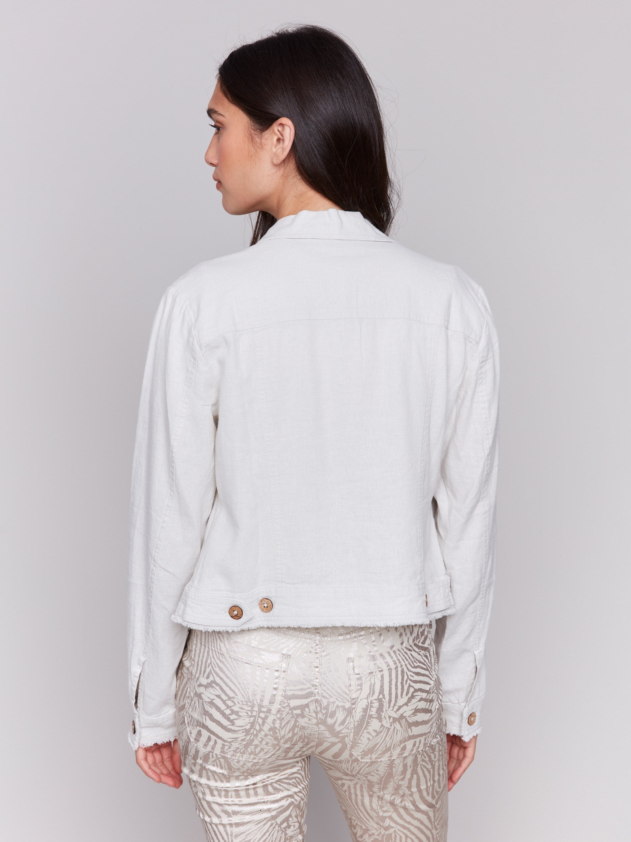 Frayed edges add a unique touch to this linen jacket by Charlie B.