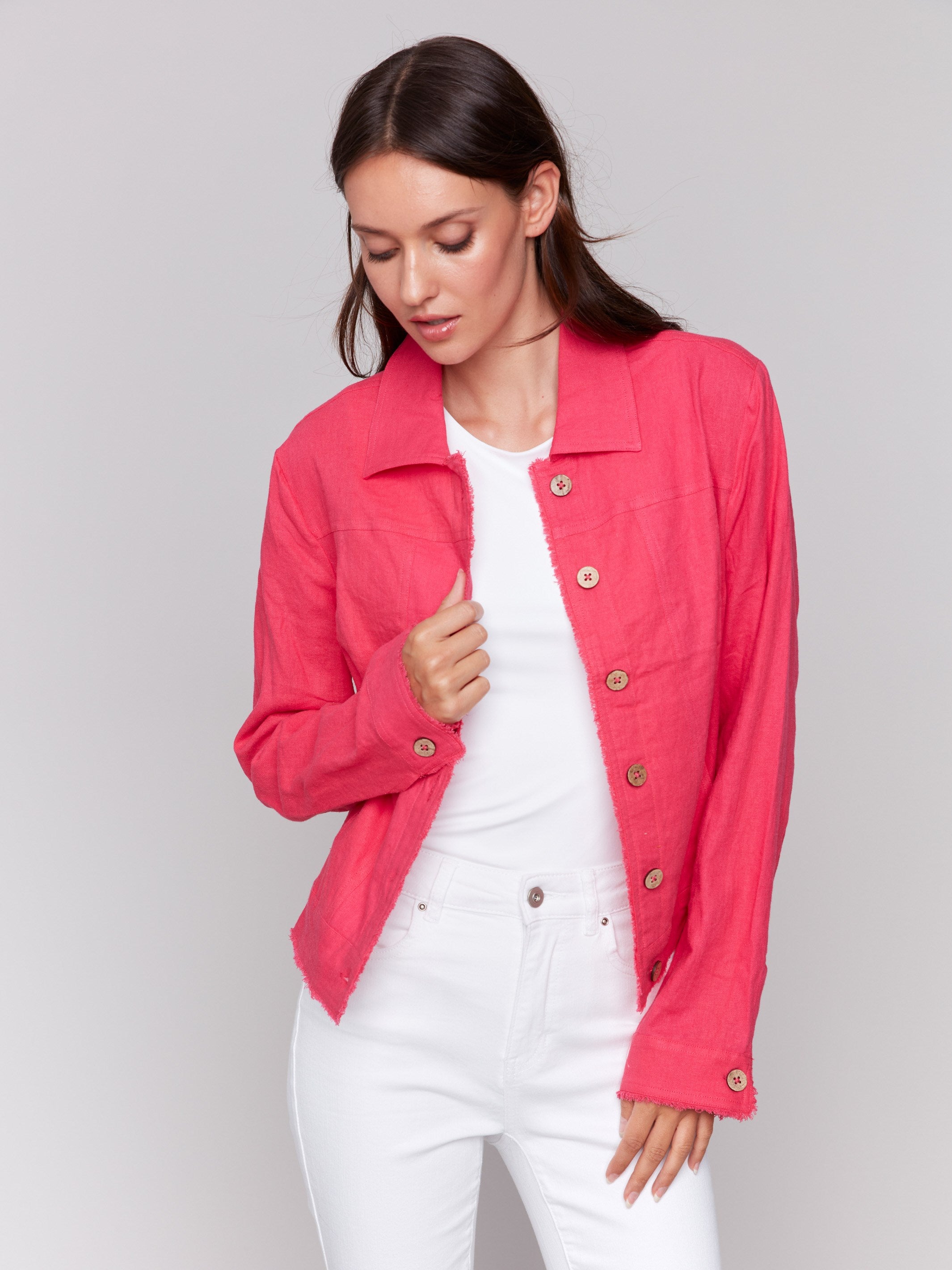 Fashionable frayed edges on this linen blend jacket by Charlie B.