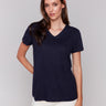 Navy V-neck t-shirt with short sleeves and neckband detail by Charlie B.