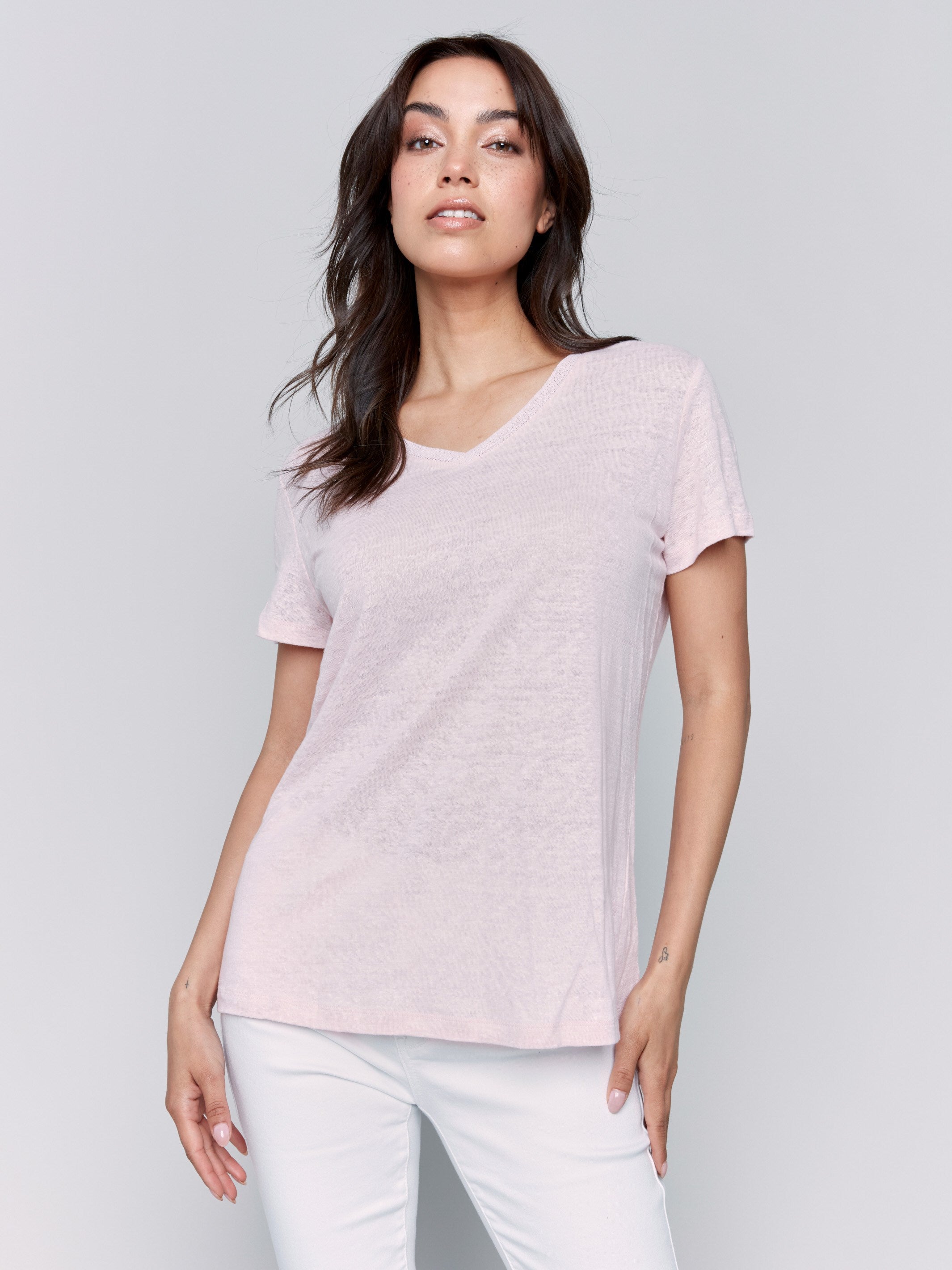 Petal pink V-neck t-shirt with short sleeves and neckband detail by Charlie B.