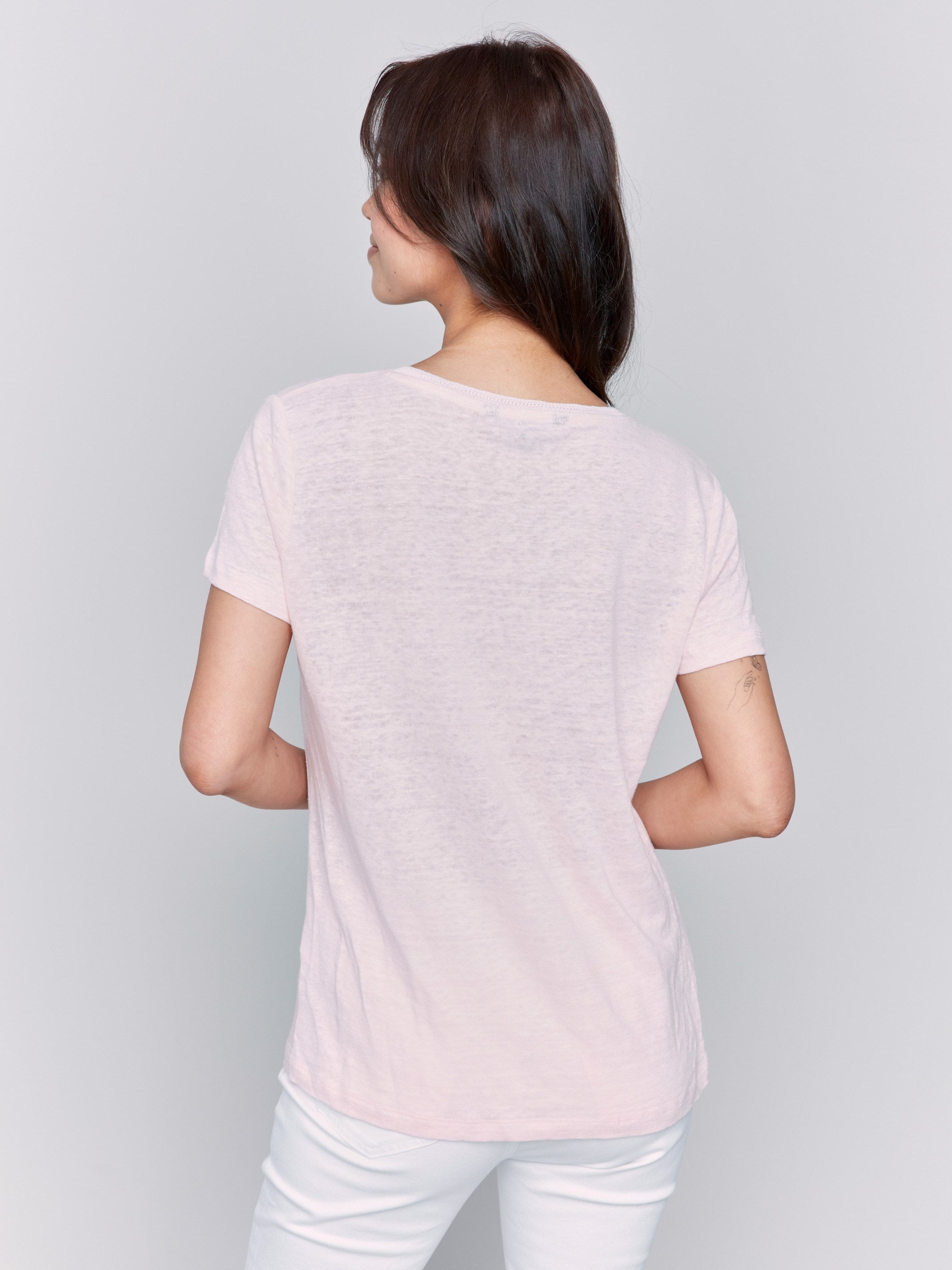 Petal pink V-neck t-shirt with short sleeves and neckband detail by Charlie B.