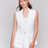 White linen blend vest by Charlie B. featuring a sleek lapel collar, paired with matching white pants.