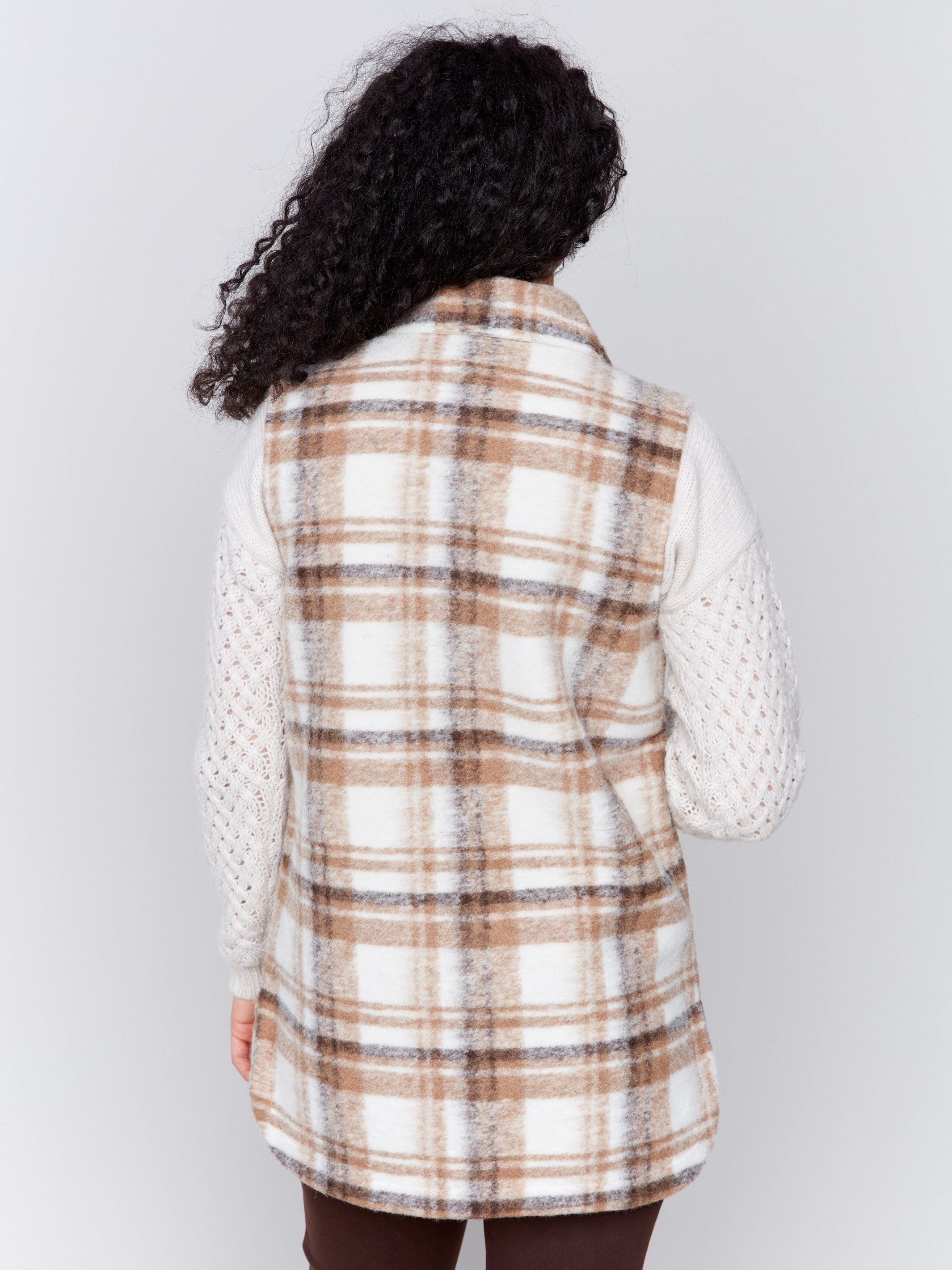 Truffle plaid long boiled wool vest with button closure and front pockets by Charlie B.