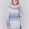 Grey and blue gradient long cowl neck sweater with long sleeves and a cozy design by Charlie B.