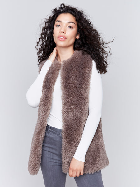 Long Faux Fur Vest Taupe