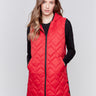 Cranberry red long quilted puffer vest with zip closure and hood by Charlie B.