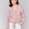 Abstract paisley print blouse with a front tie and long sleeves by Charlie B.