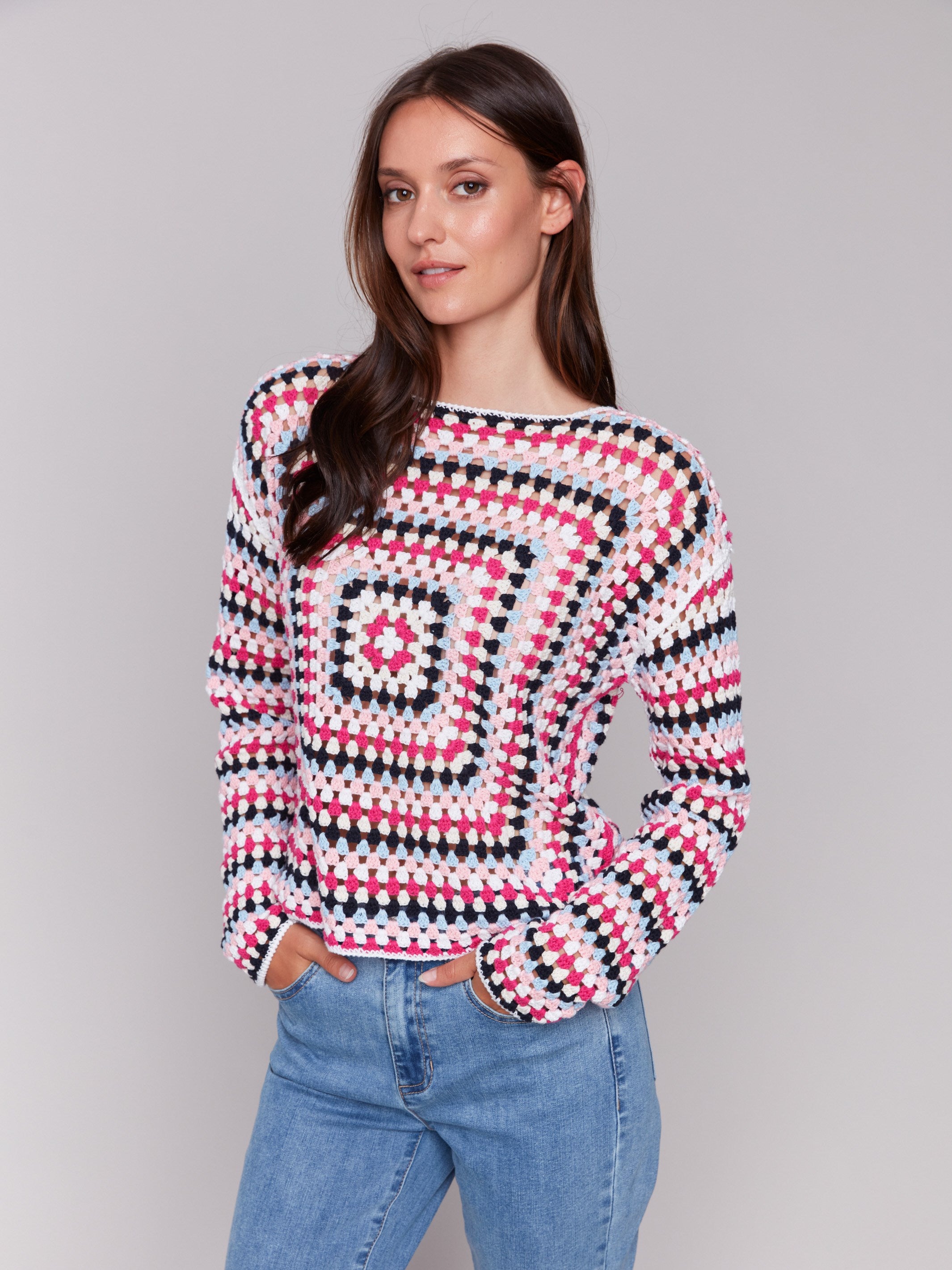 Boatneck crochet top with multicolored design by Charlie B.