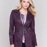 Rich plum purple faux suede long jacket with zipper details and pockets by Charlie B.