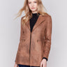 Rich truffle faux suede long jacket with zipper details and pockets by Charlie B.