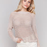 Champagne sweater featuring a metallic fishnet knit by Charlie B.