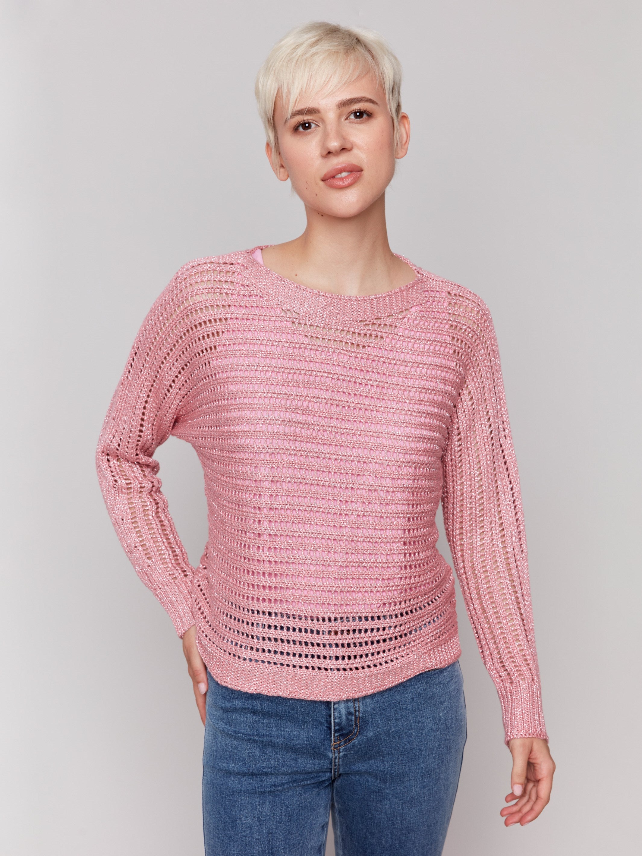 Pink sweater with long dolman sleeves by Charlie B.