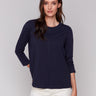 Navy blue 3/4 sleeve top with front seam detail by Charlie B.