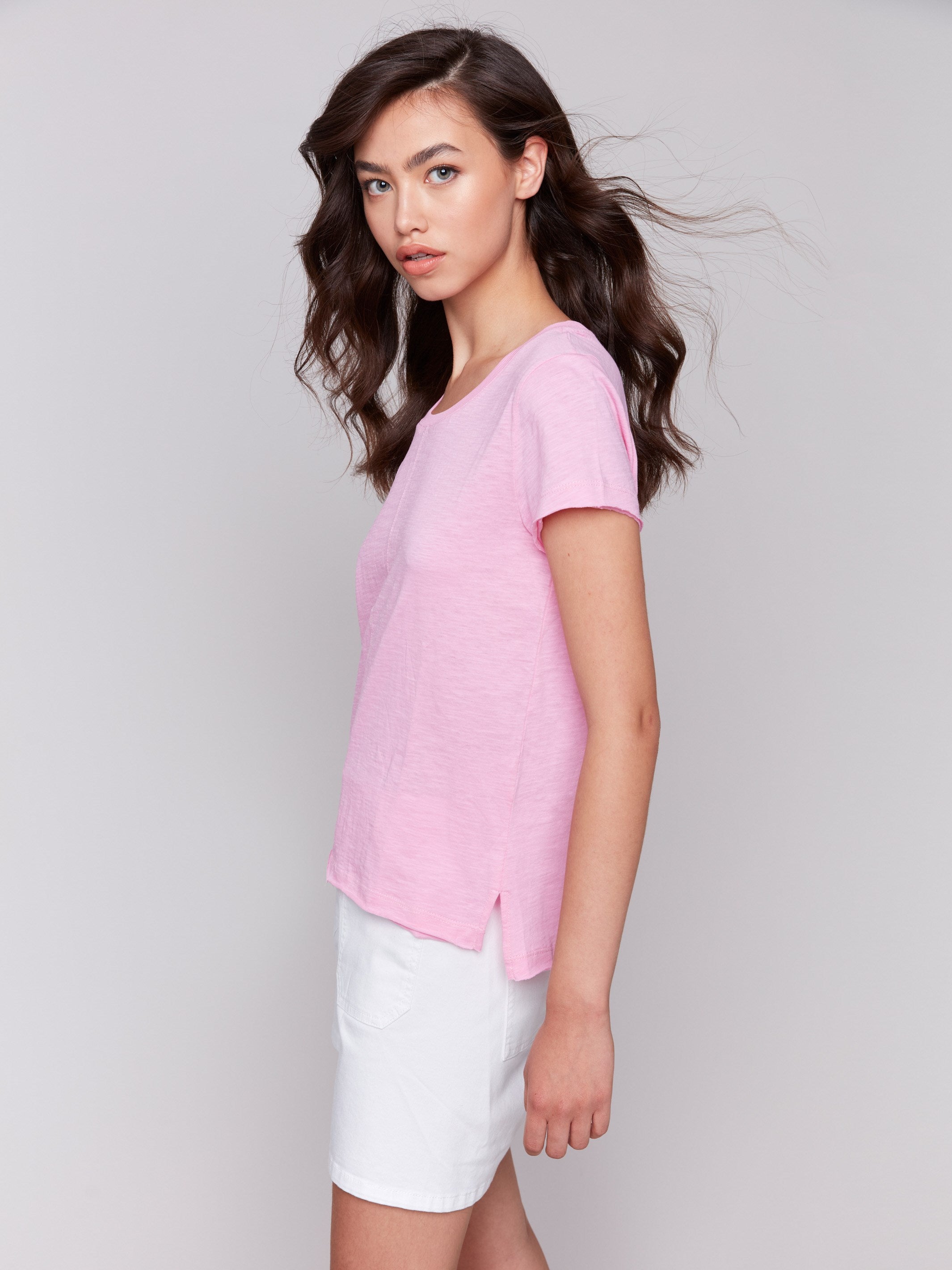 Short-sleeve t-shirt with unique front seam detail, by Charlie B.