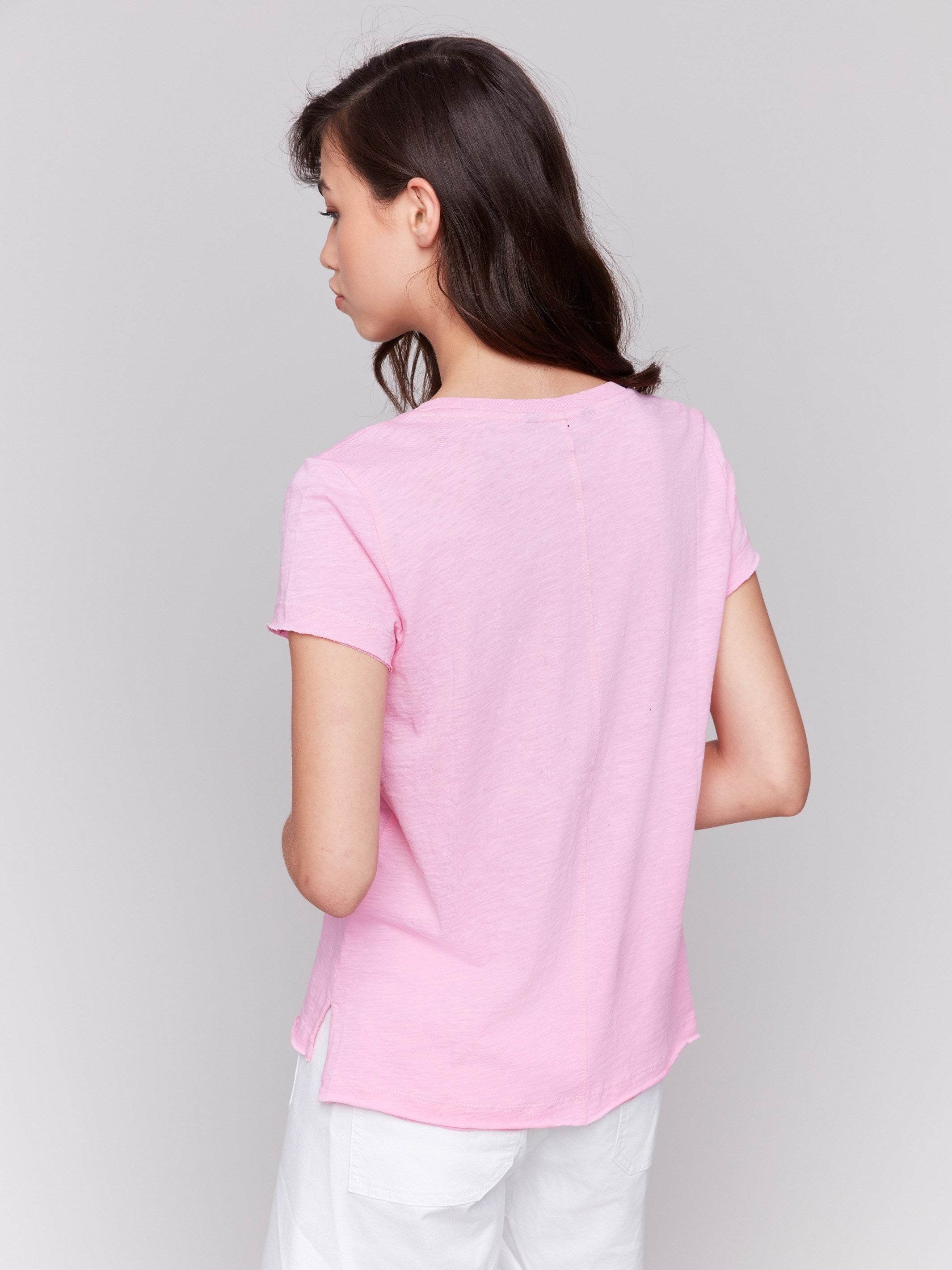 Crew neck organic cotton tee in begonia color, by Charlie B.