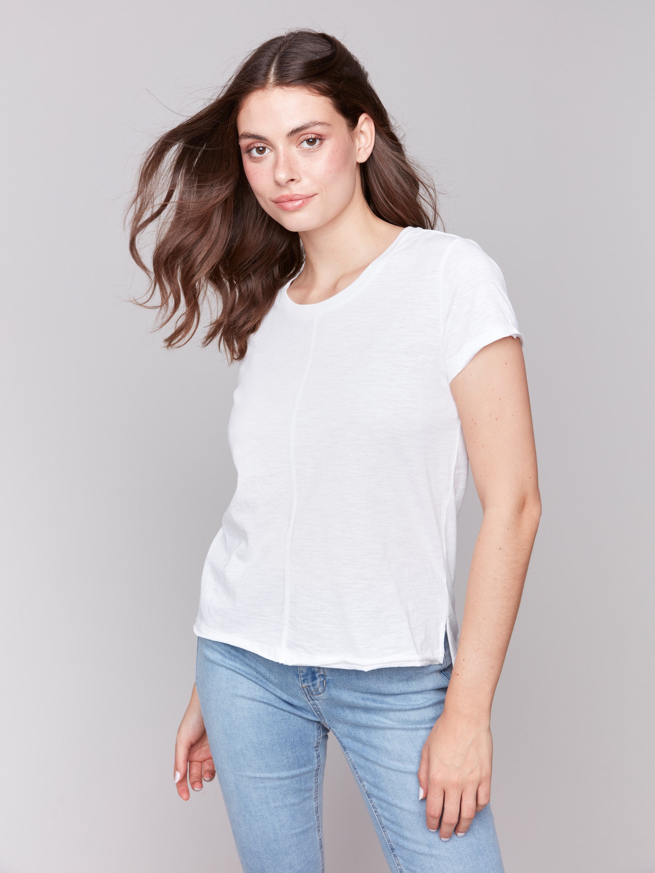 White organic cotton t-shirt with a crew neckline, by Charlie B.