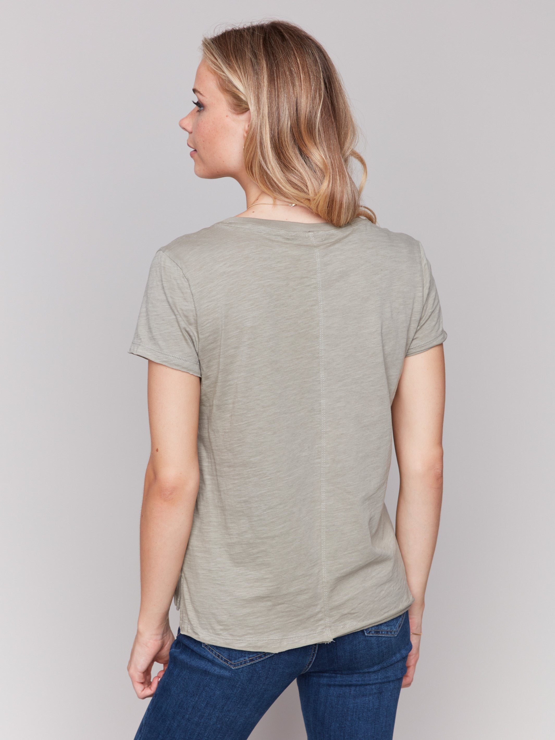 Celadon t-shirt crafted with front seam detail, by Charlie B.