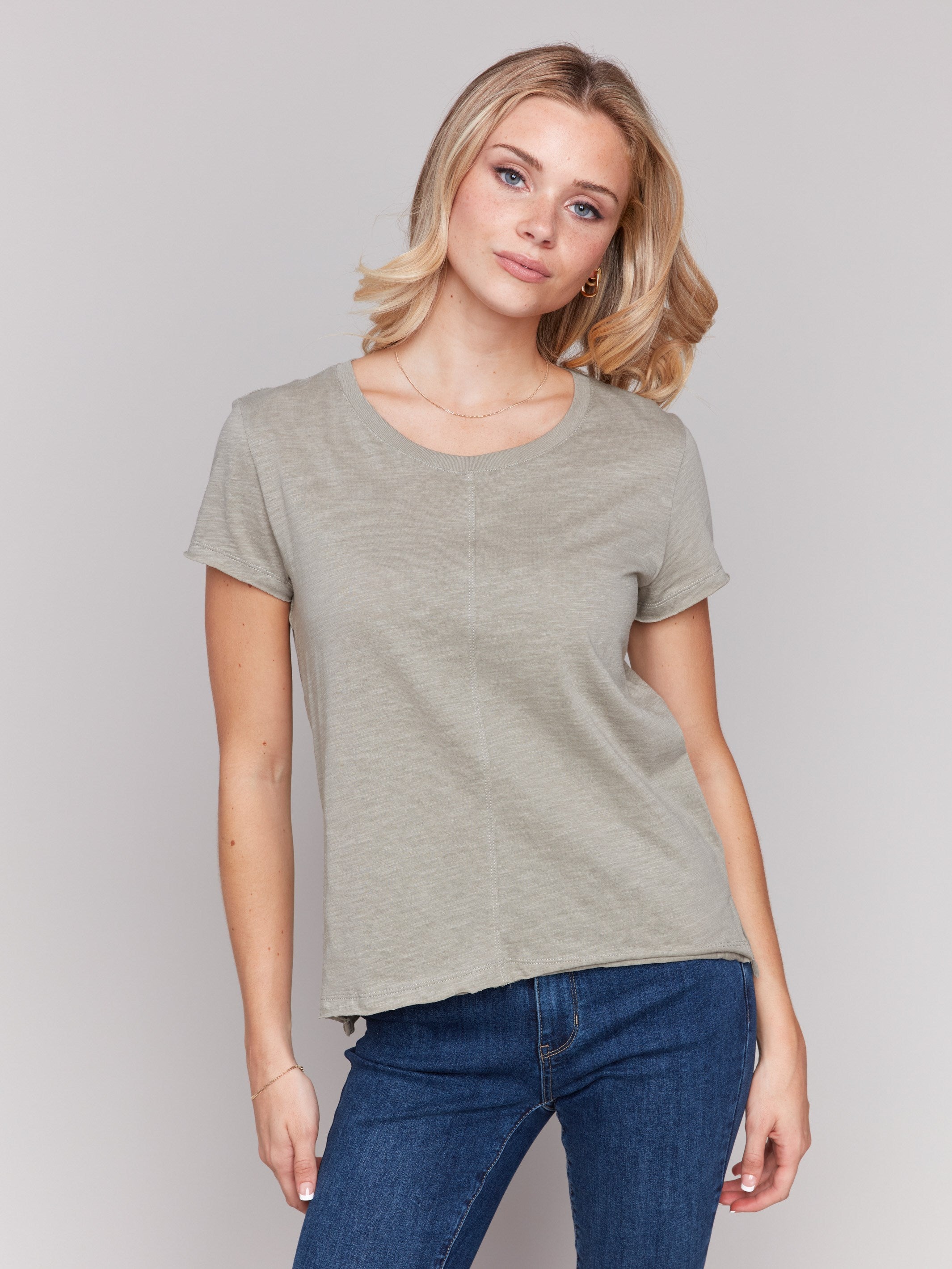 Short-sleeve celadon tee made from organic cotton, by Charlie B.