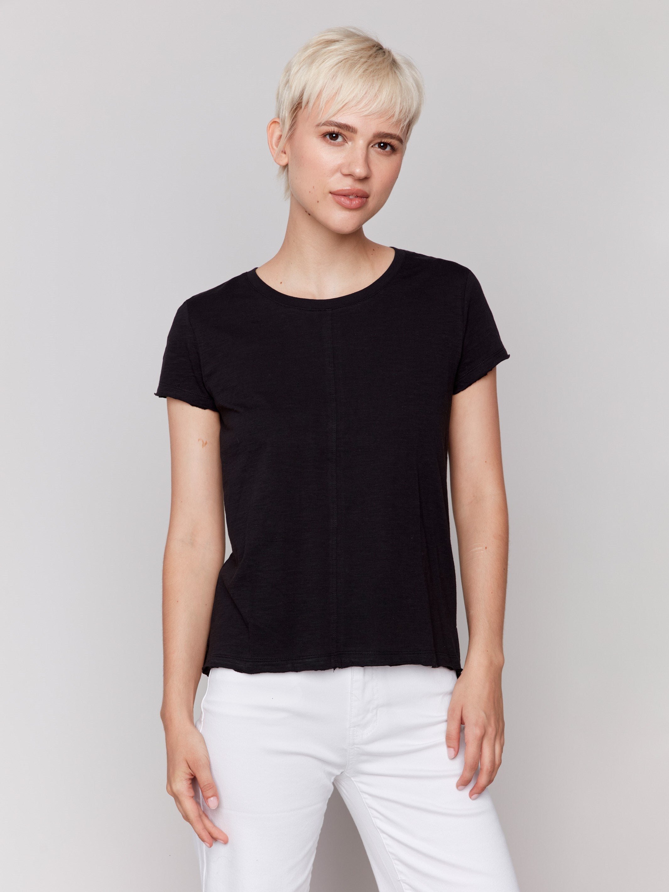 Black organic cotton tee featuring a crew neckline, by Charlie B.