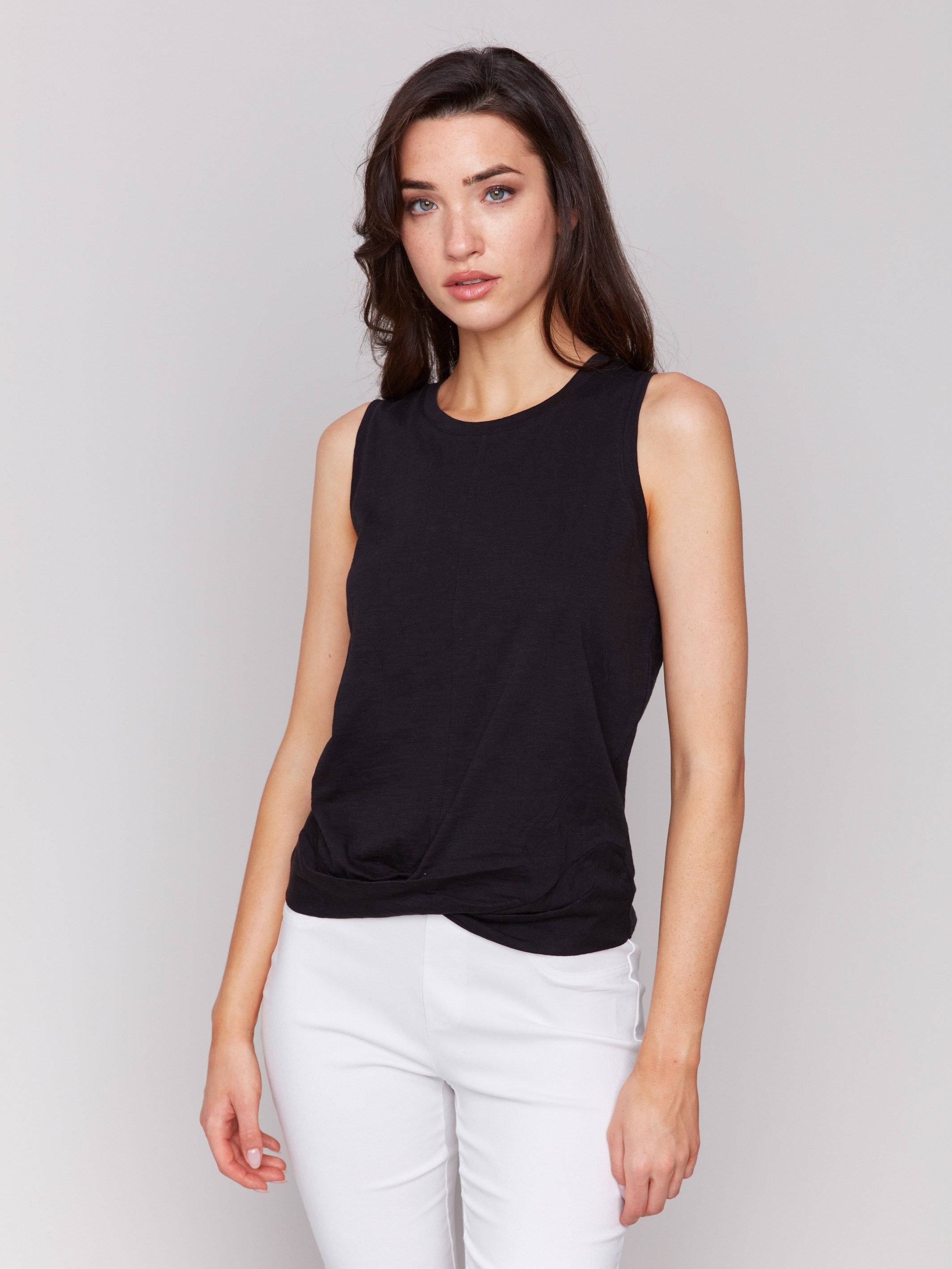 Black tank top with crew neckline made from organic cotton by Charlie B.