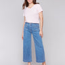 Blue denim flare jeans with front patch pockets and regular rise by Charlie B.