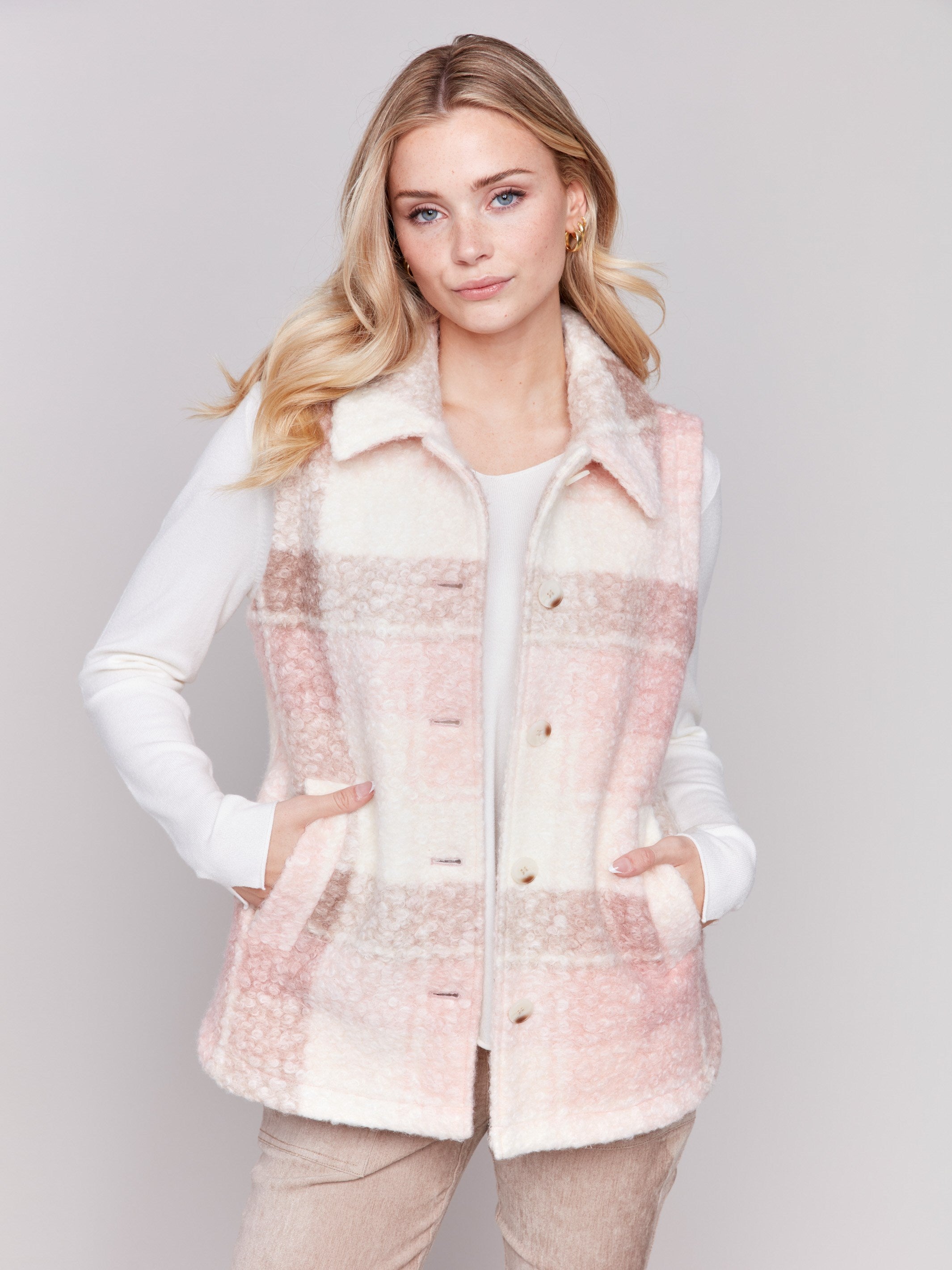 Quartz pink colored plaid bouclé knit vest with spread collar and button closure by Charlie B.