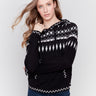 Black plush knit sweater with a hood, featuring a geometric pattern and front kangaroo pouch by Charlie B.