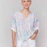 Abstract pattern top with a front tie knot at hem by Charlie B.