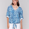 Abstract patterned top with front tie and V-neck by Charlie B.