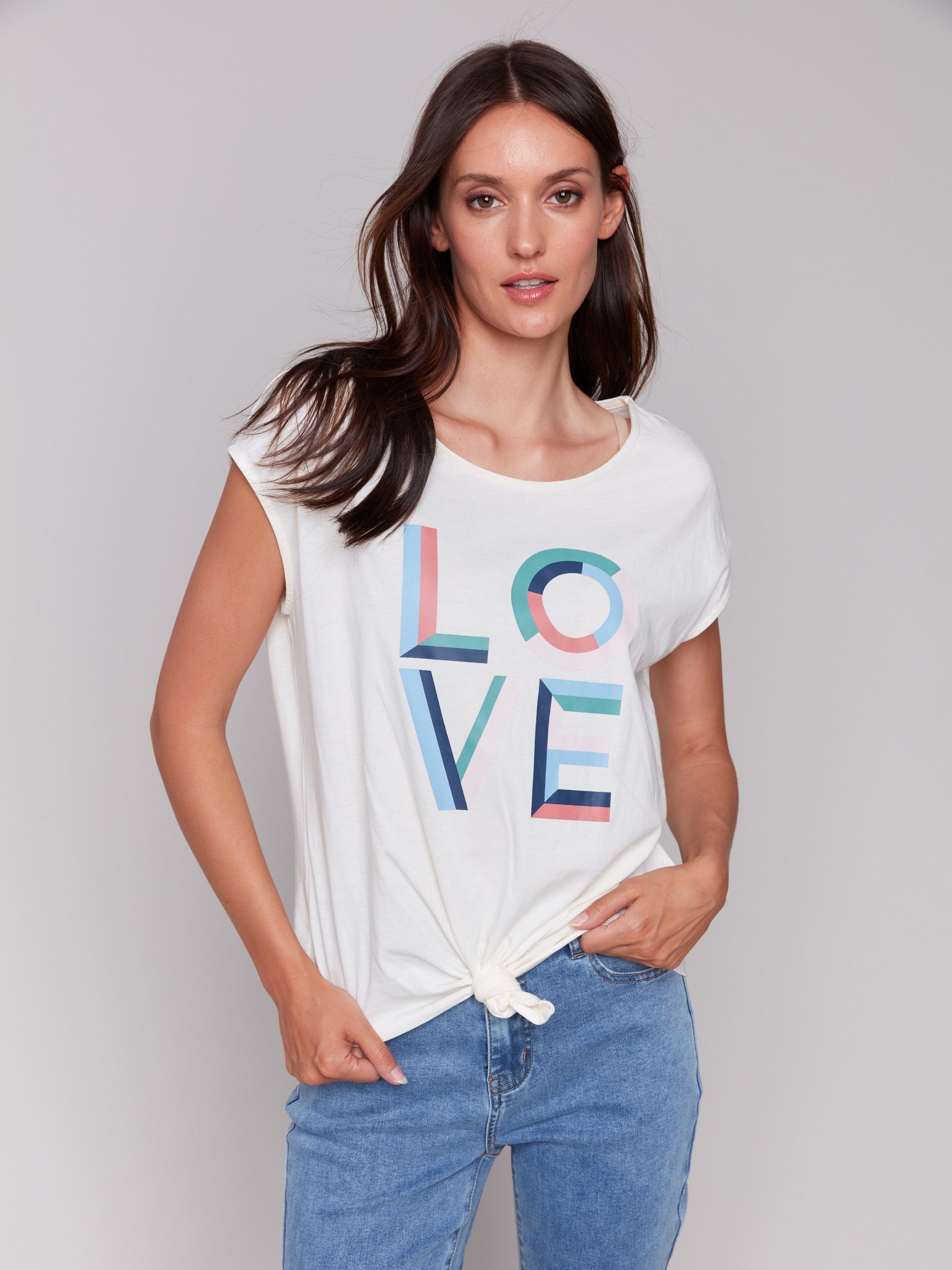 Top with a round neckline and colorful 'LOVE' print by Charlie B.