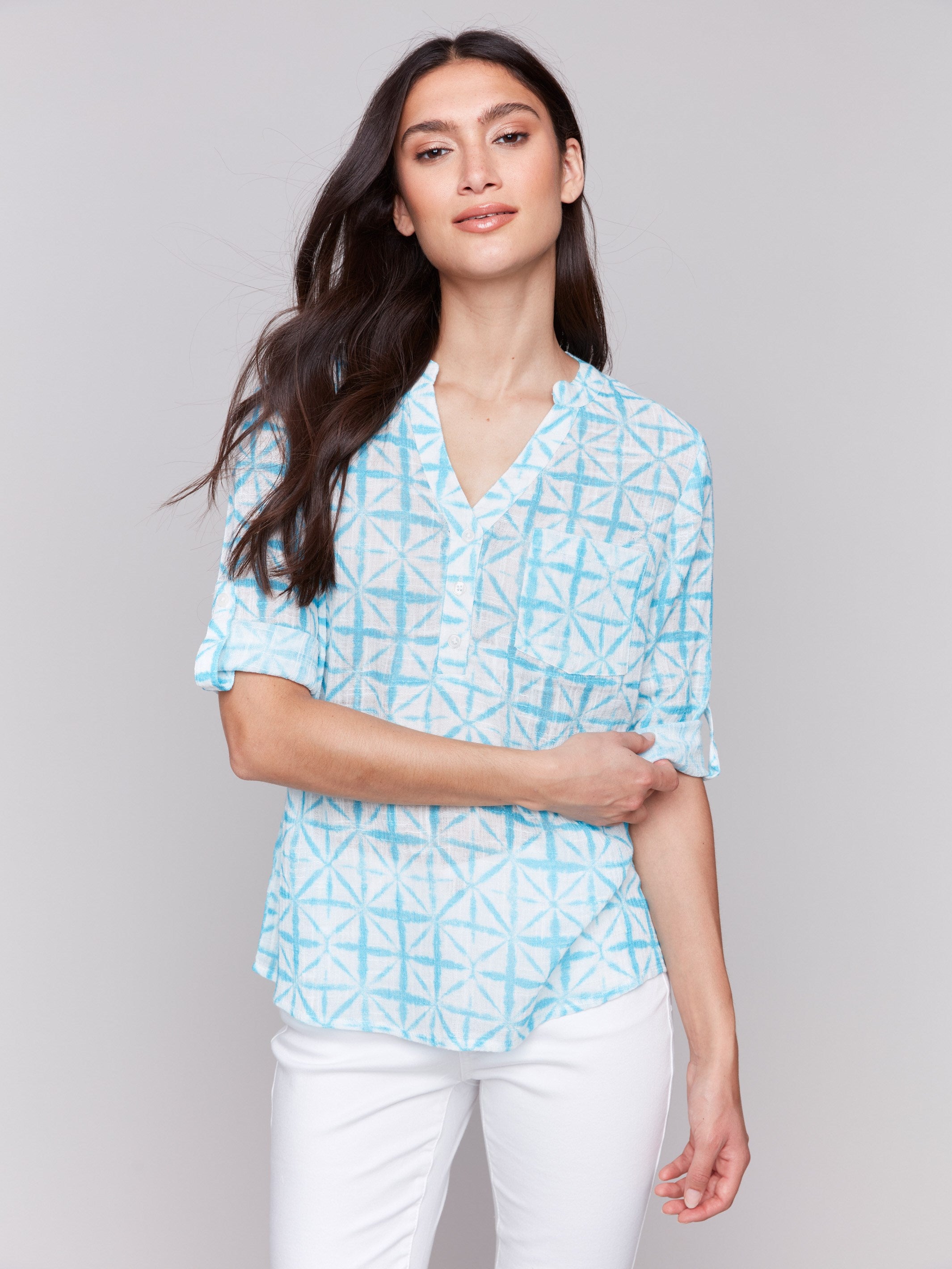 Abstract print cotton blouse with mao collar in lagoon tones by Charlie B.