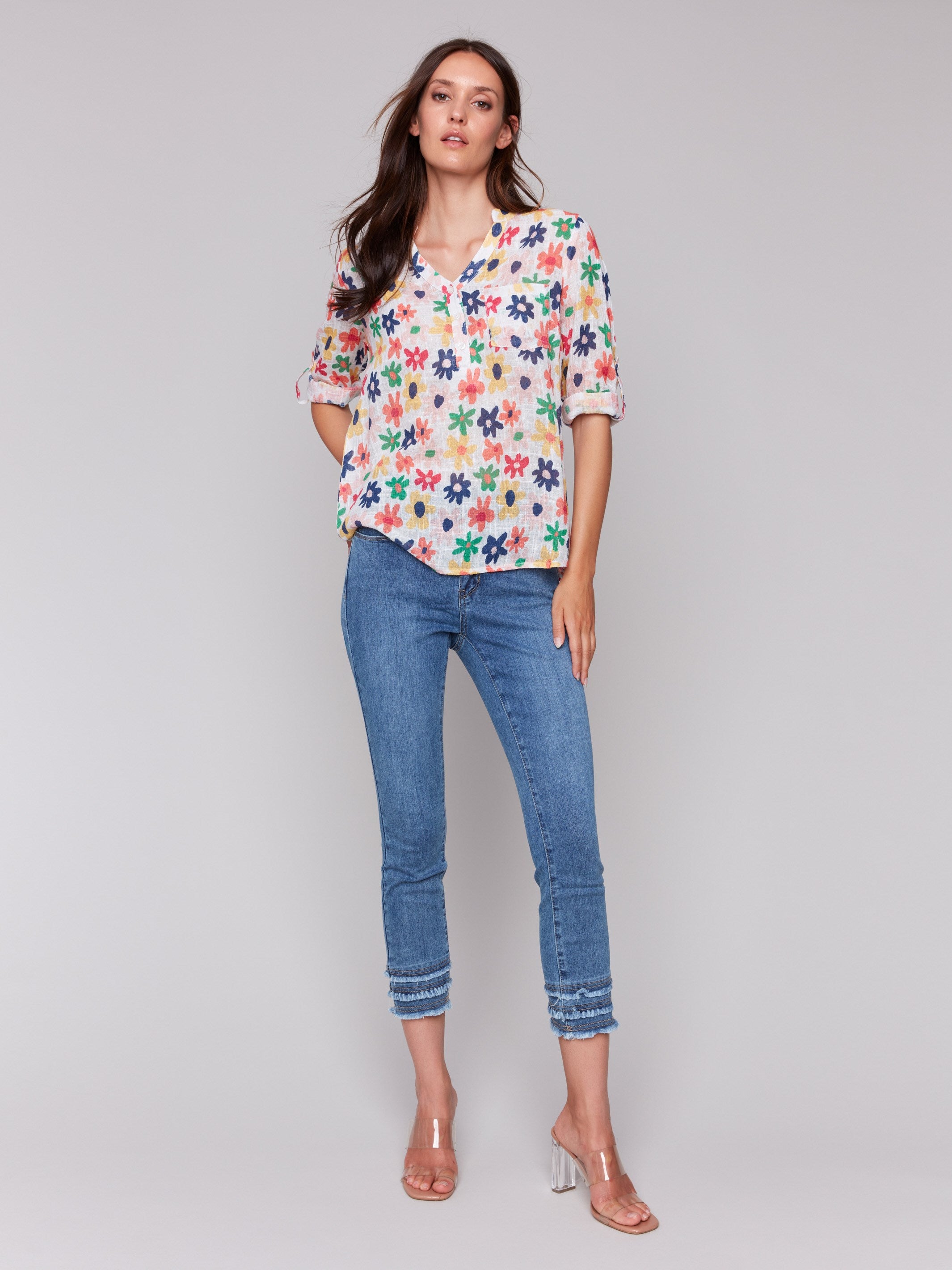 Cotton blouse featuring adjustable 3/4 roll-up sleeves by Charlie B.