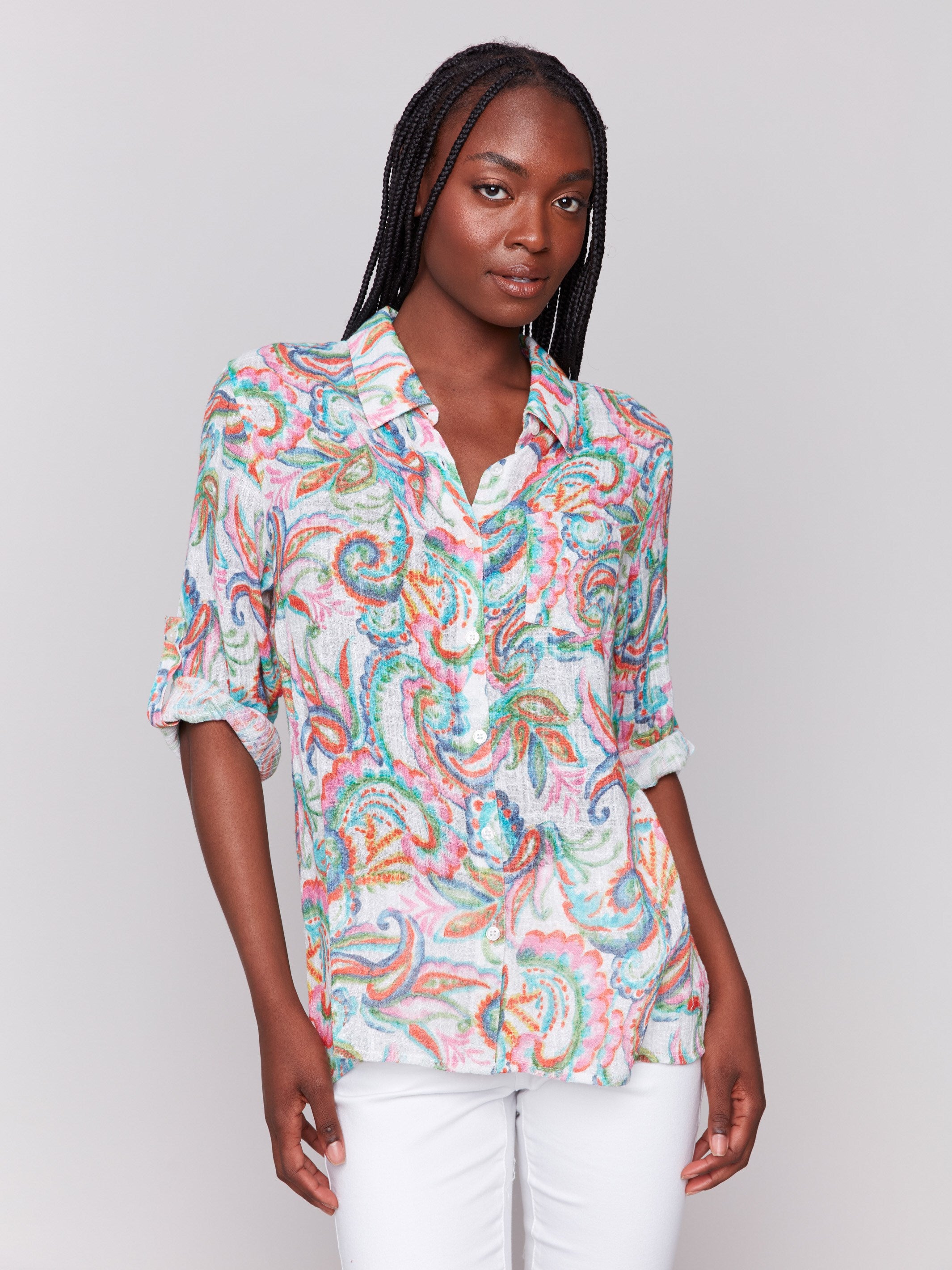 Shirt with a stylish collar and vibrant abstract pattern by Charlie B.