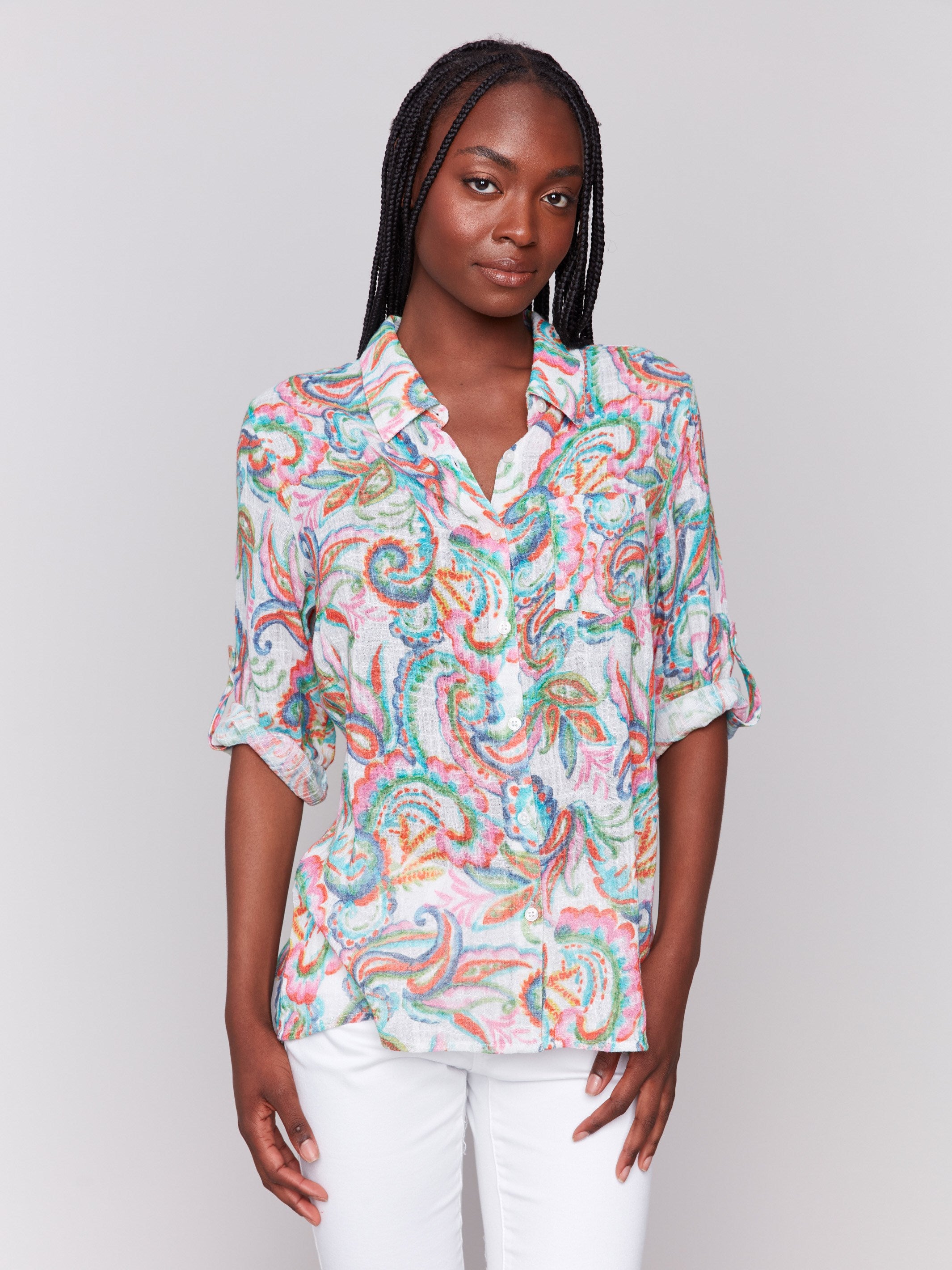 Abstract patterned shirt showcasing elegant details by Charlie B.