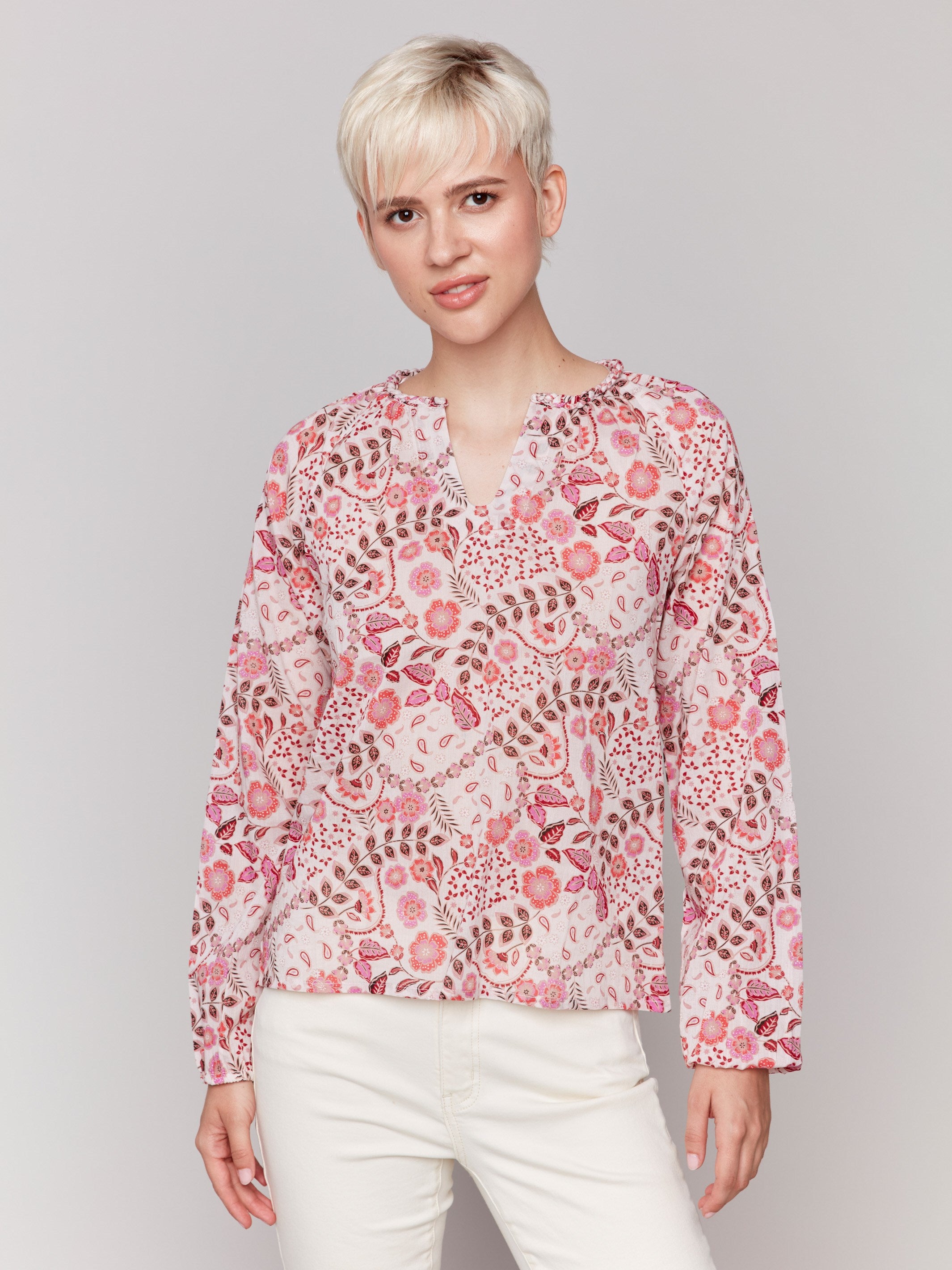 V-neck cotton blouse with floral pattern by Charlie B.