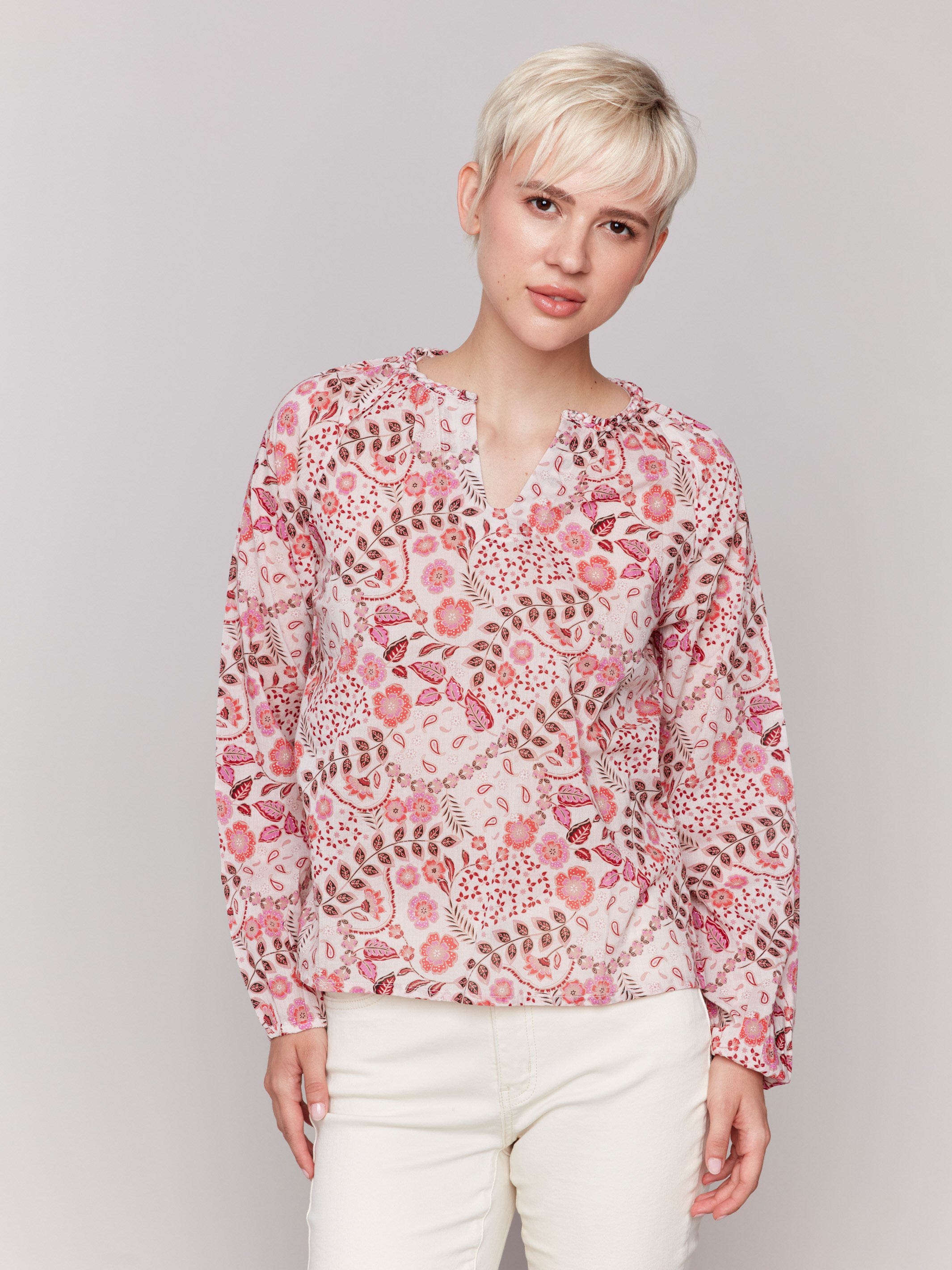 Floral patterned popover blouse in cotton by Charlie B.