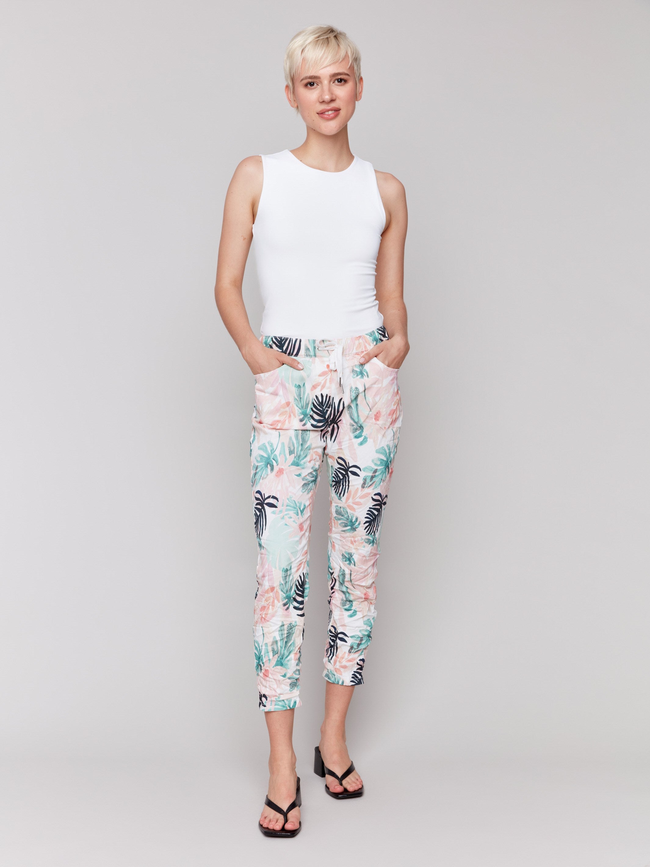 Cropped length floral jogger pants with drawstring by Charlie B.