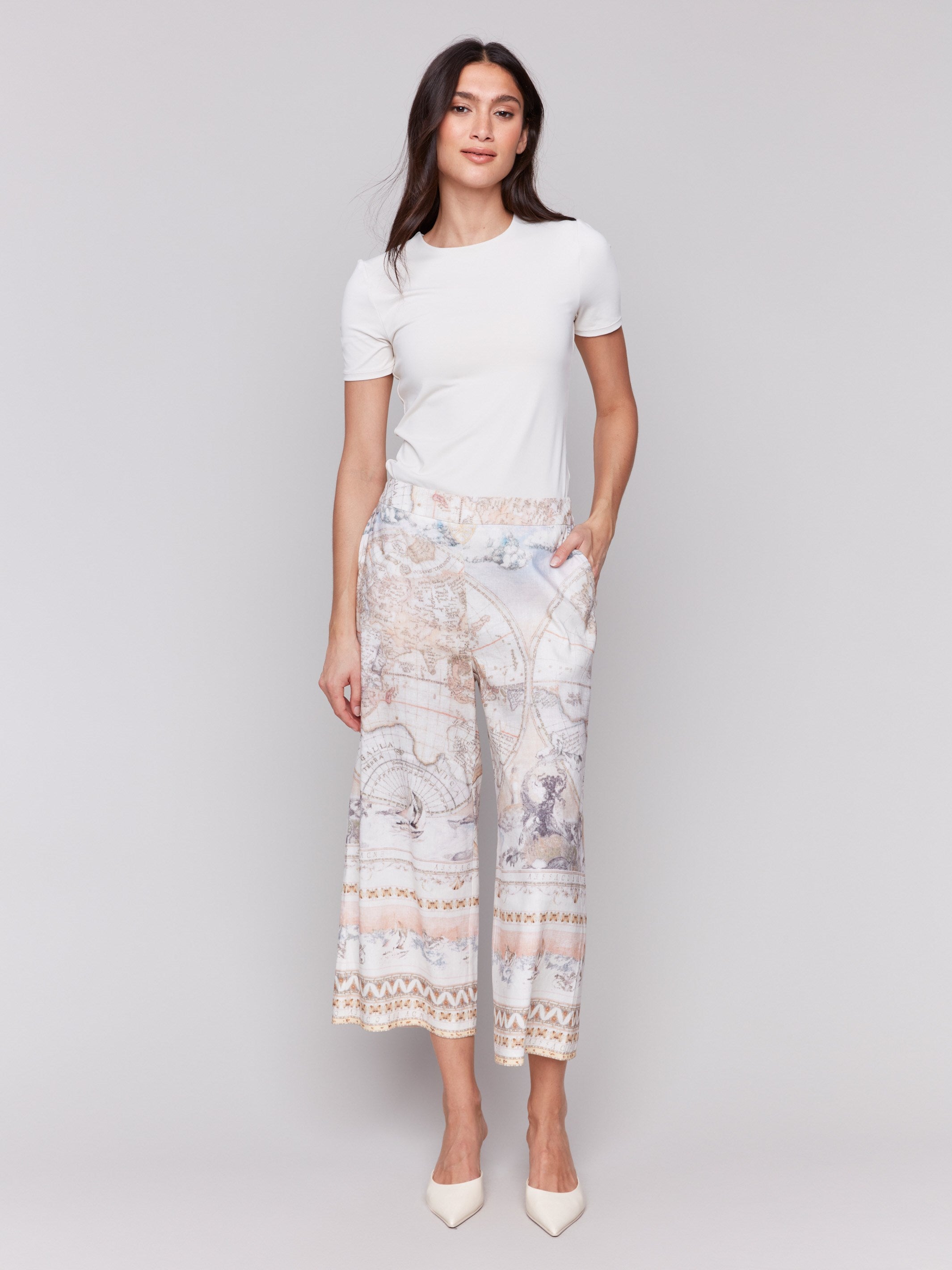 Women's relaxed wide leg linen-blend pants with a graphic print and elastic waistband by Charlie B.